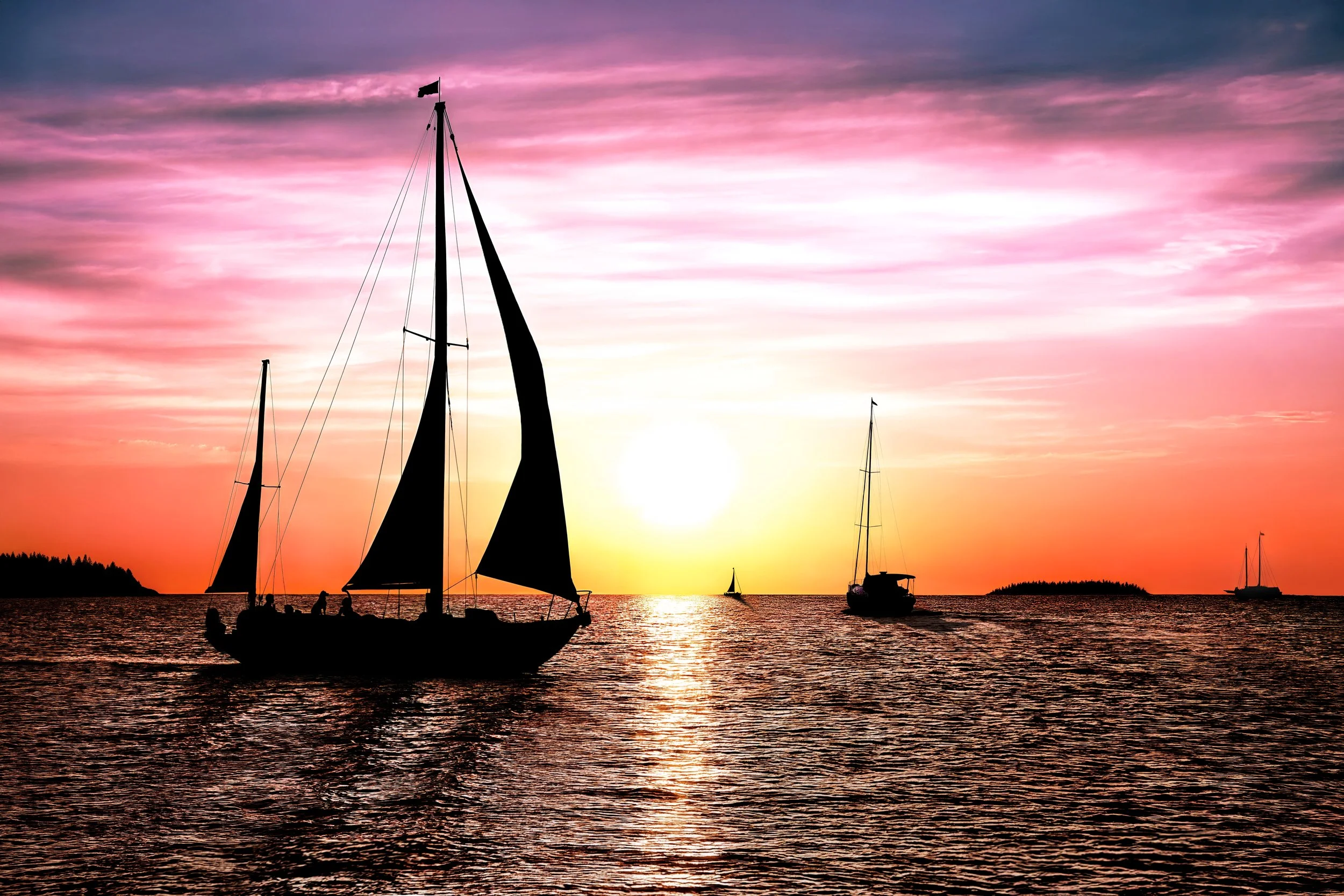 Silhouettes of sailboats on the water during a colorful sunset with pink, purple, and orange hues in the sky.