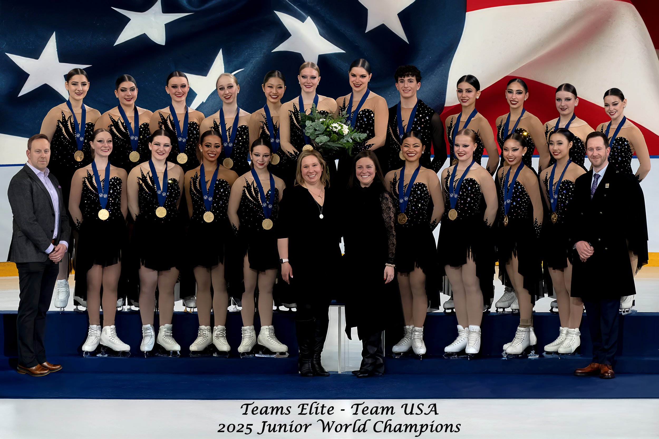 A group of female figure skaters wearing black and gold costumes, holding medals, standing on a podium with coaches. They are celebrating their victory at the 2025 Junior World Championships as Team USA. The background features a large American flag. The caption reads, "Teams Elite - Team USA 2025 Junior World Champions."