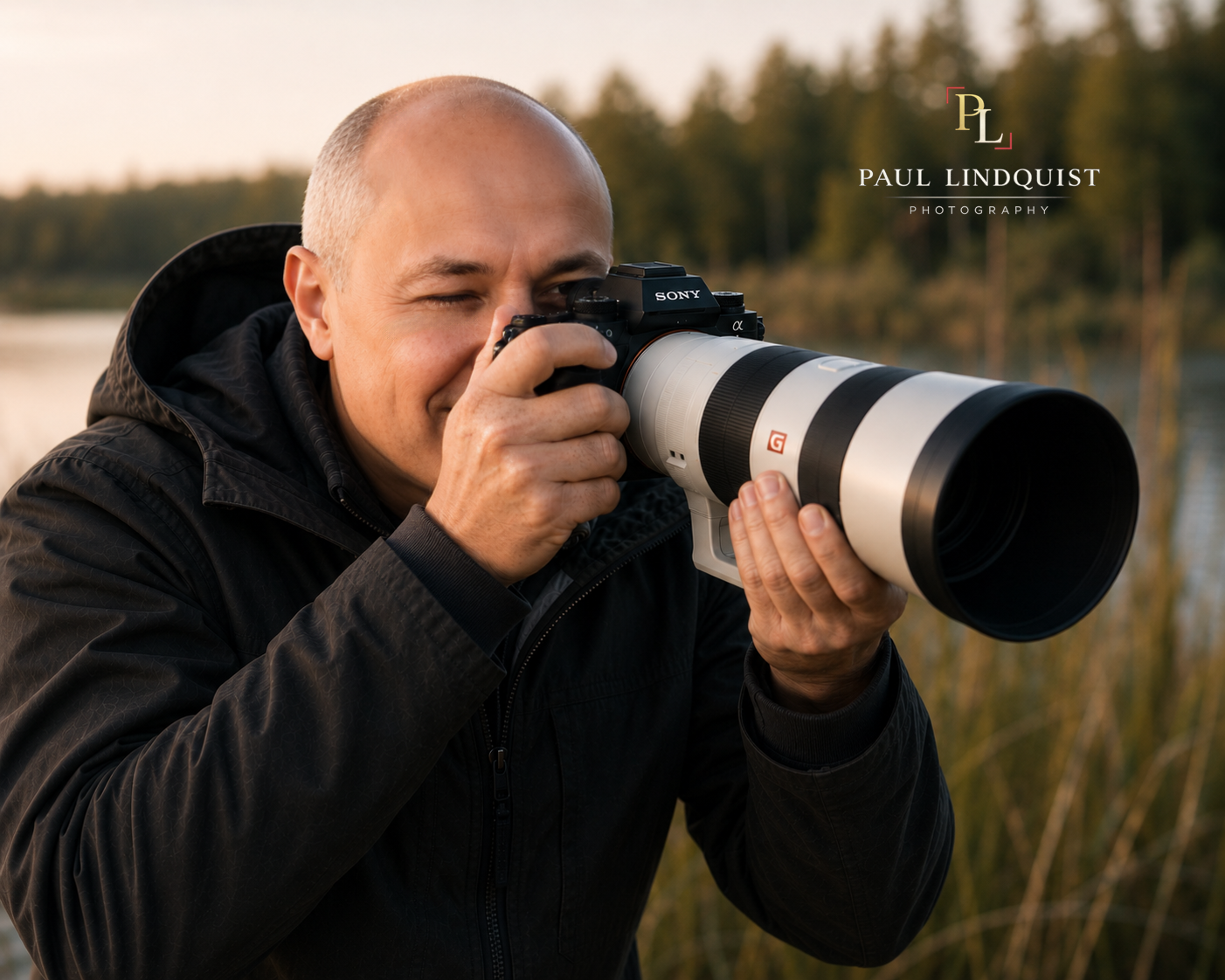 A man with a shaved head and a black jacket is outdoors, taking a photograph with a professional camera with a large zoom lens. The background shows a blurred landscape with trees and water during sunset.