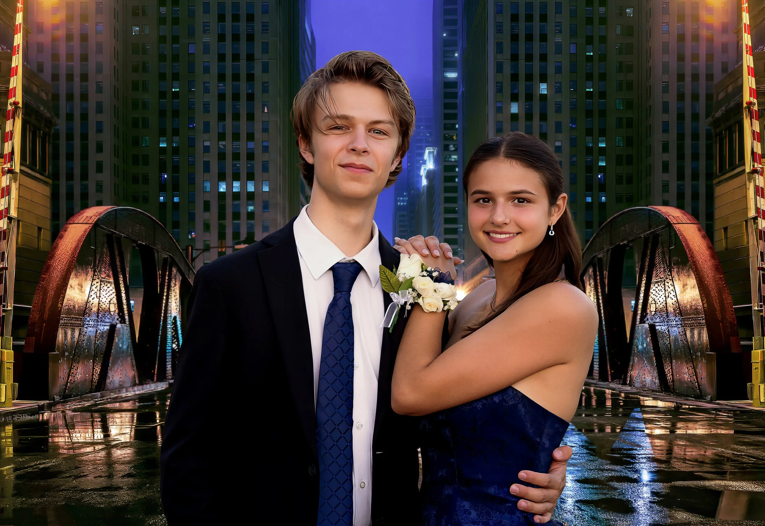 A young man and woman dressed in formal attire, standing close together in front of a cityscape at night with illuminated buildings and a reflective water feature.