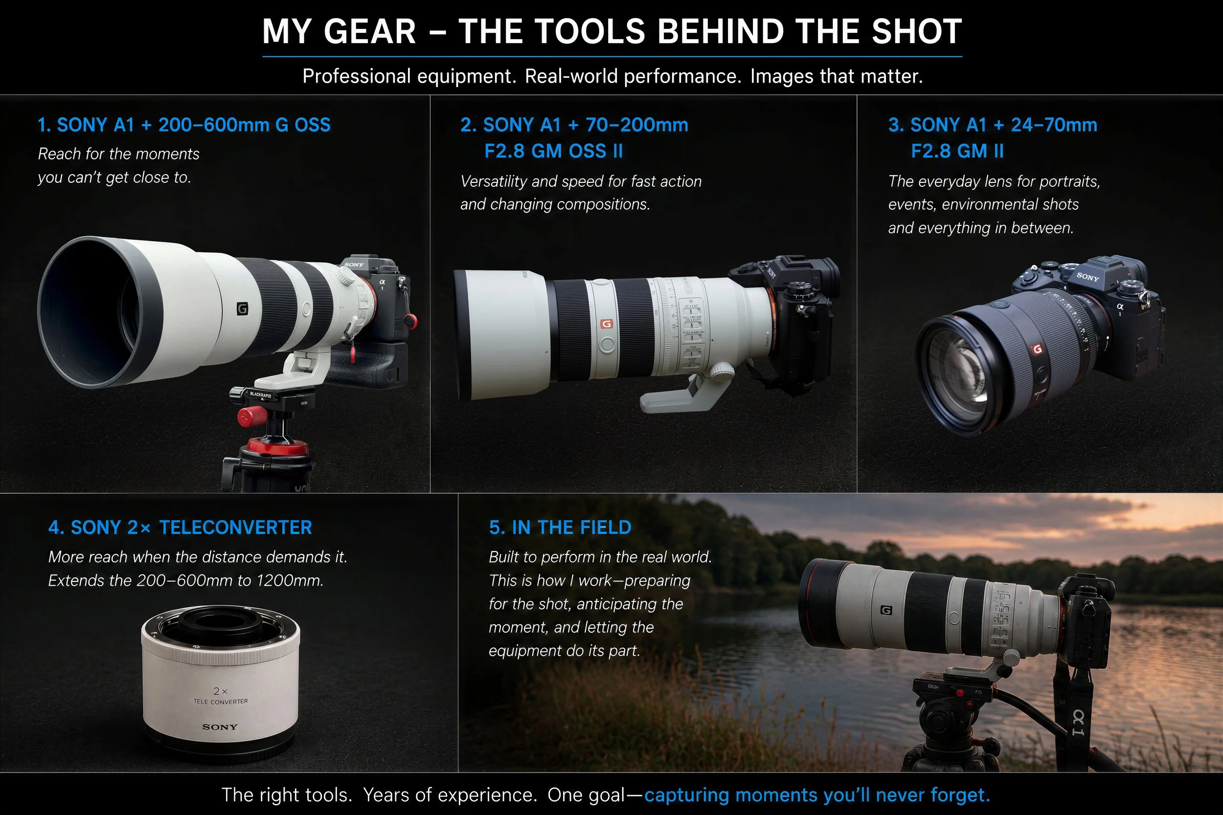 Display of professional photography equipment, including various camera lenses and accessories, along with descriptive text highlighting their features and uses.
