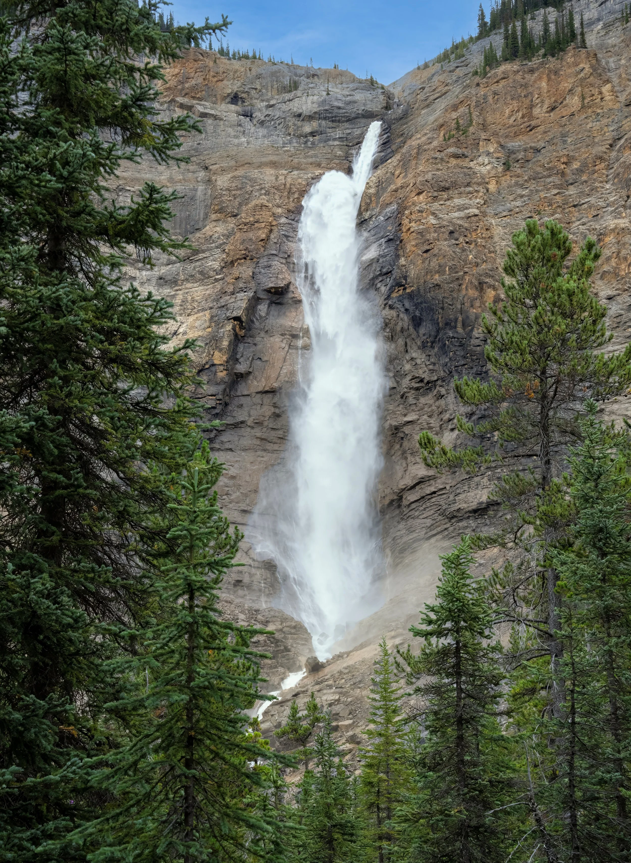 A tall waterfall cascading down a rocky mountain surrounded by evergreen trees.