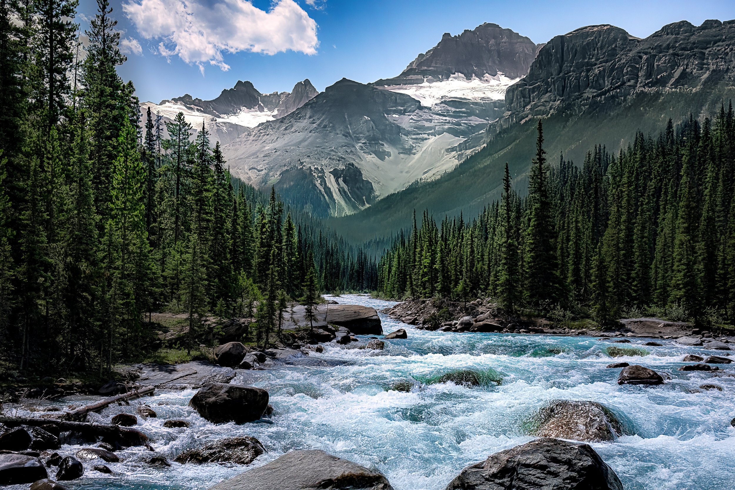 A mountain landscape with a river flowing through a dense green forest and snow-capped mountain peaks in the background under a partly cloudy sky.