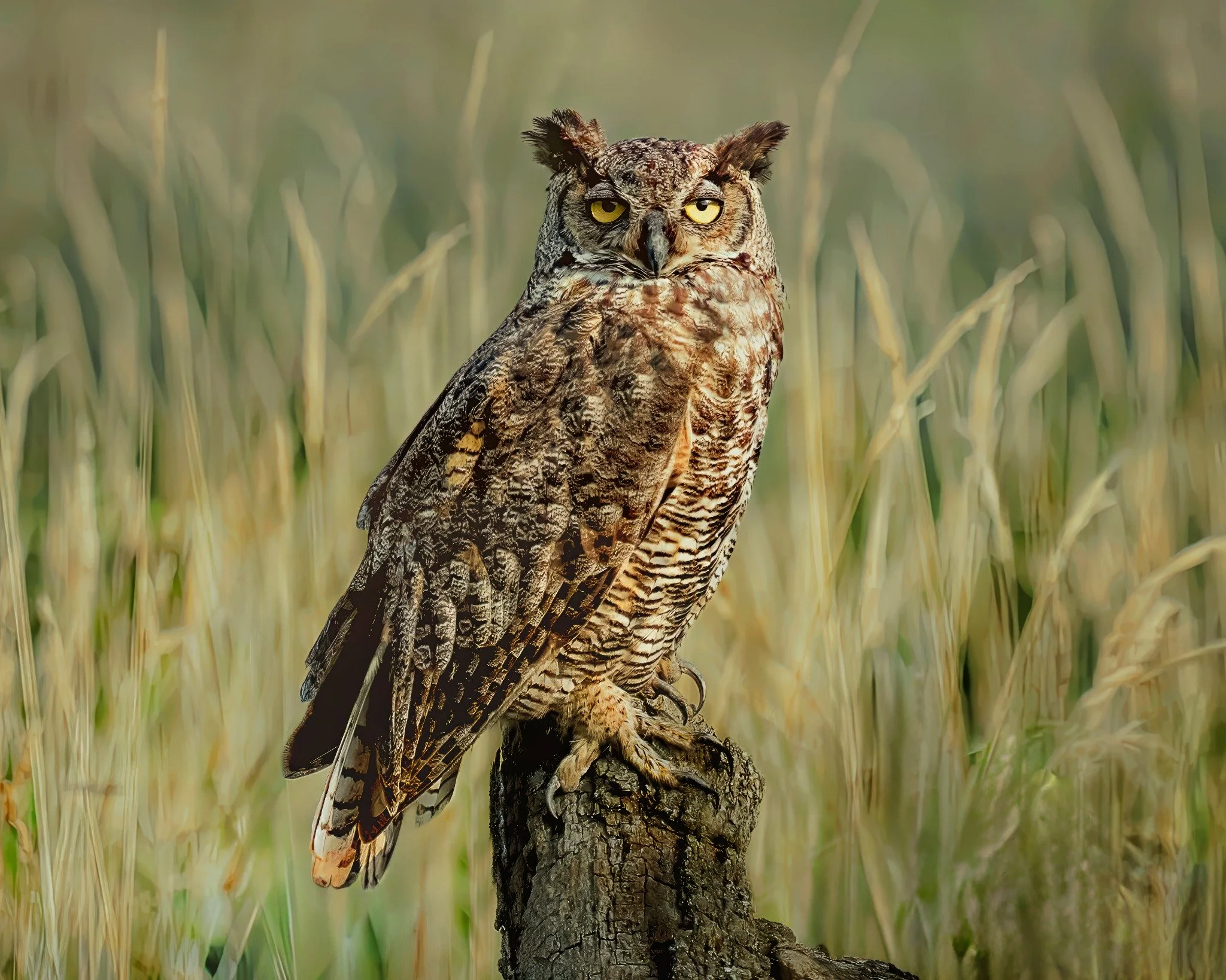 An owl perched on a tree branch in a grassy field with blurred green and yellow background.