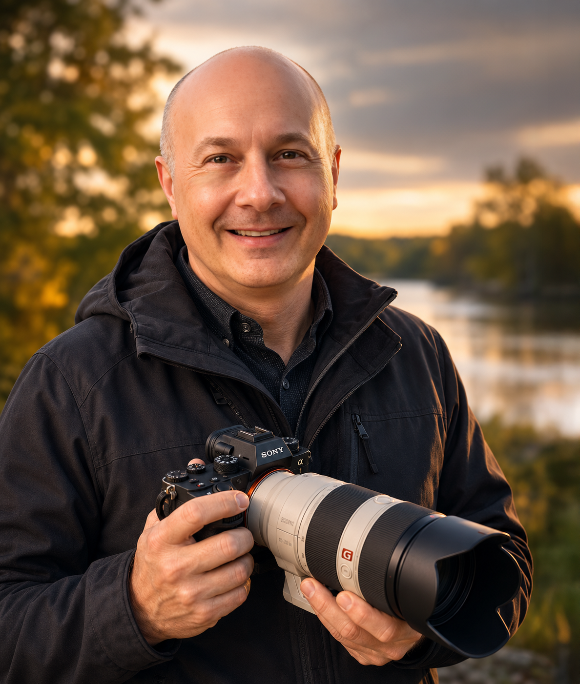 A smiling middle-aged man with a camera, standing outdoors during sunset near a river with trees in the background.