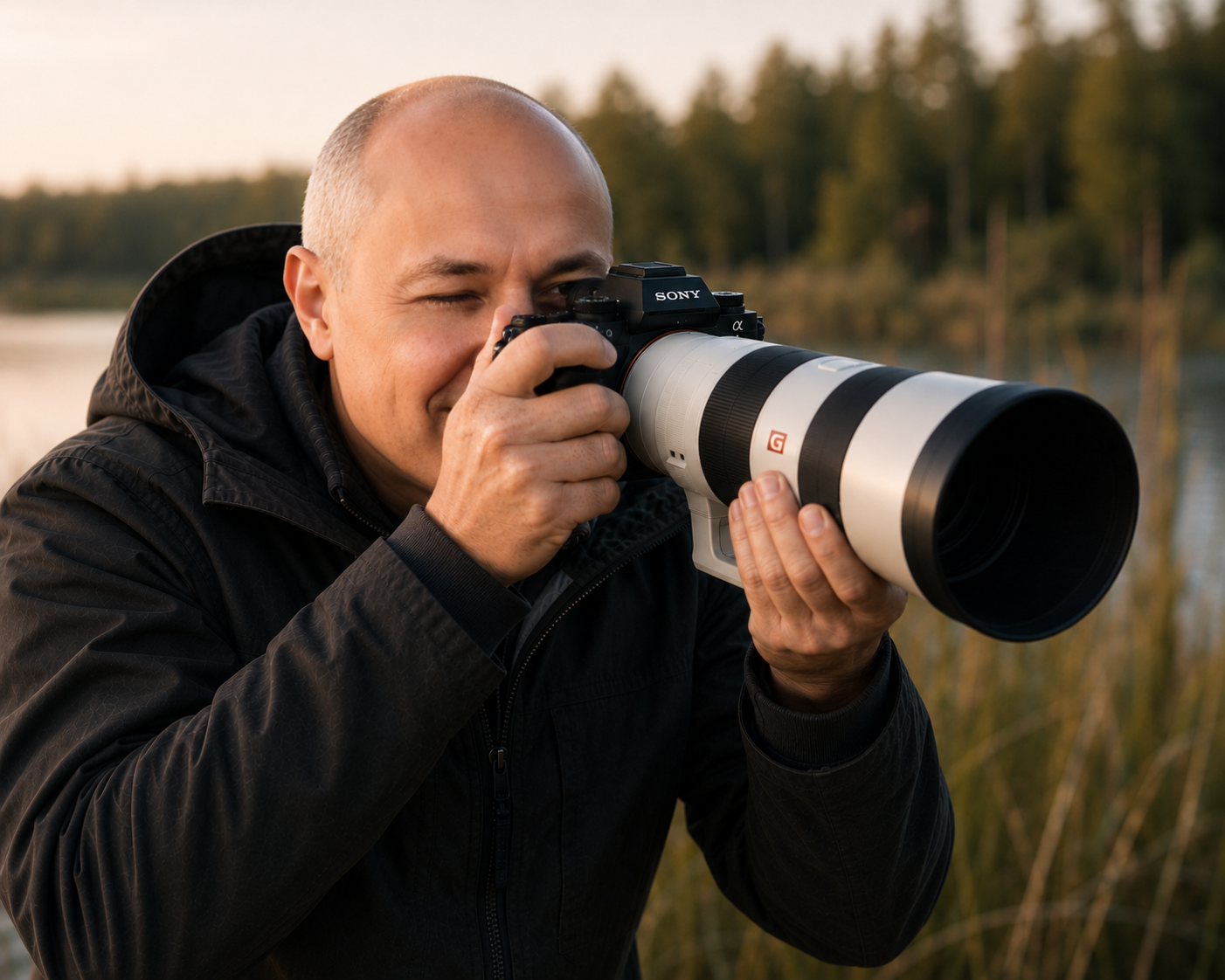 A man with a bald head and black jacket is taking a photograph with a professional camera featuring a large telephoto lens outdoors, near a body of water and trees during sunset.