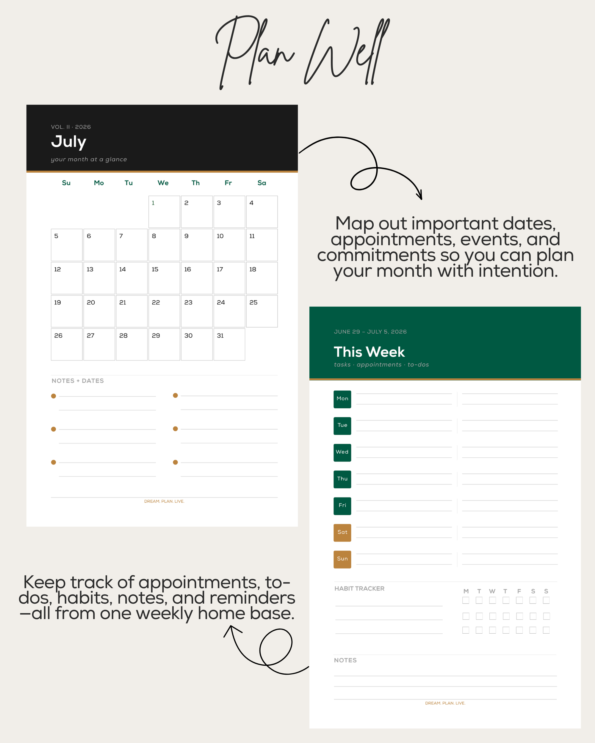 Monthly calendar and weekly planning pages inside the My Busy Best Life Planner.