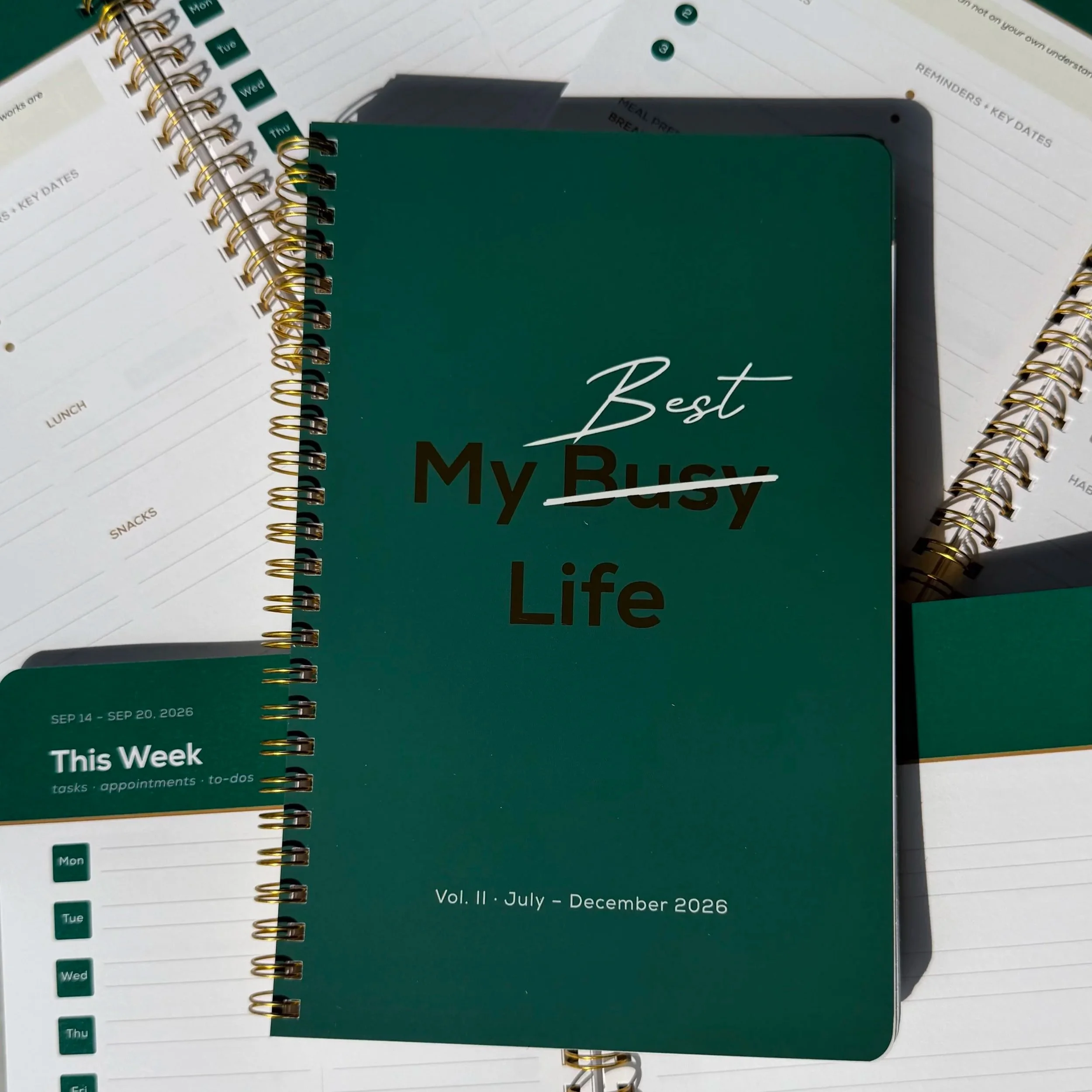 My Busy Best Life 6-month planner showing the green cover and weekly planning layout