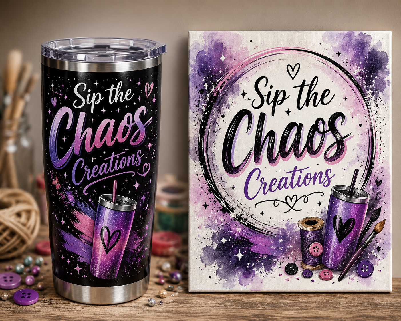 A tumbler and a canvas with matching purple, pink, and black designs that say "Sip the Chaos Creations" surrounded by stars, hearts, a spool of purple thread, buttons, and paint brushes.