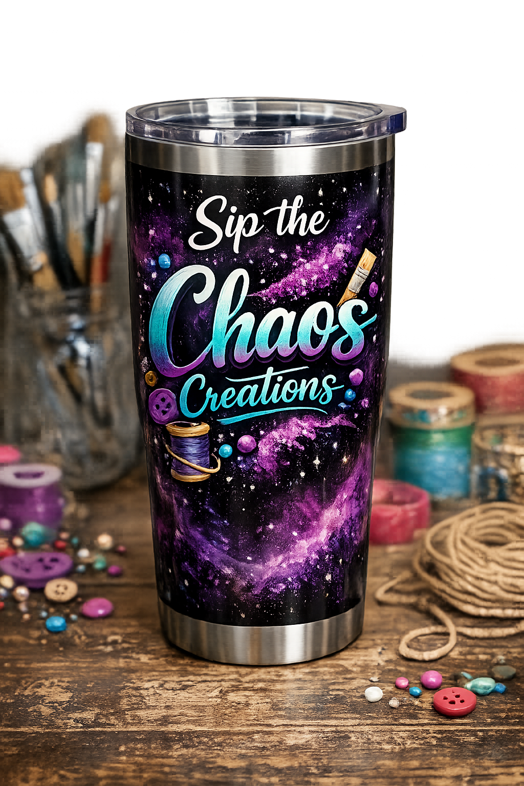 A travel tumbler with a galaxy design and the phrase "Sip the Chaos Creations" written on it, surrounded by craft supplies like buttons, thread, and scissors.