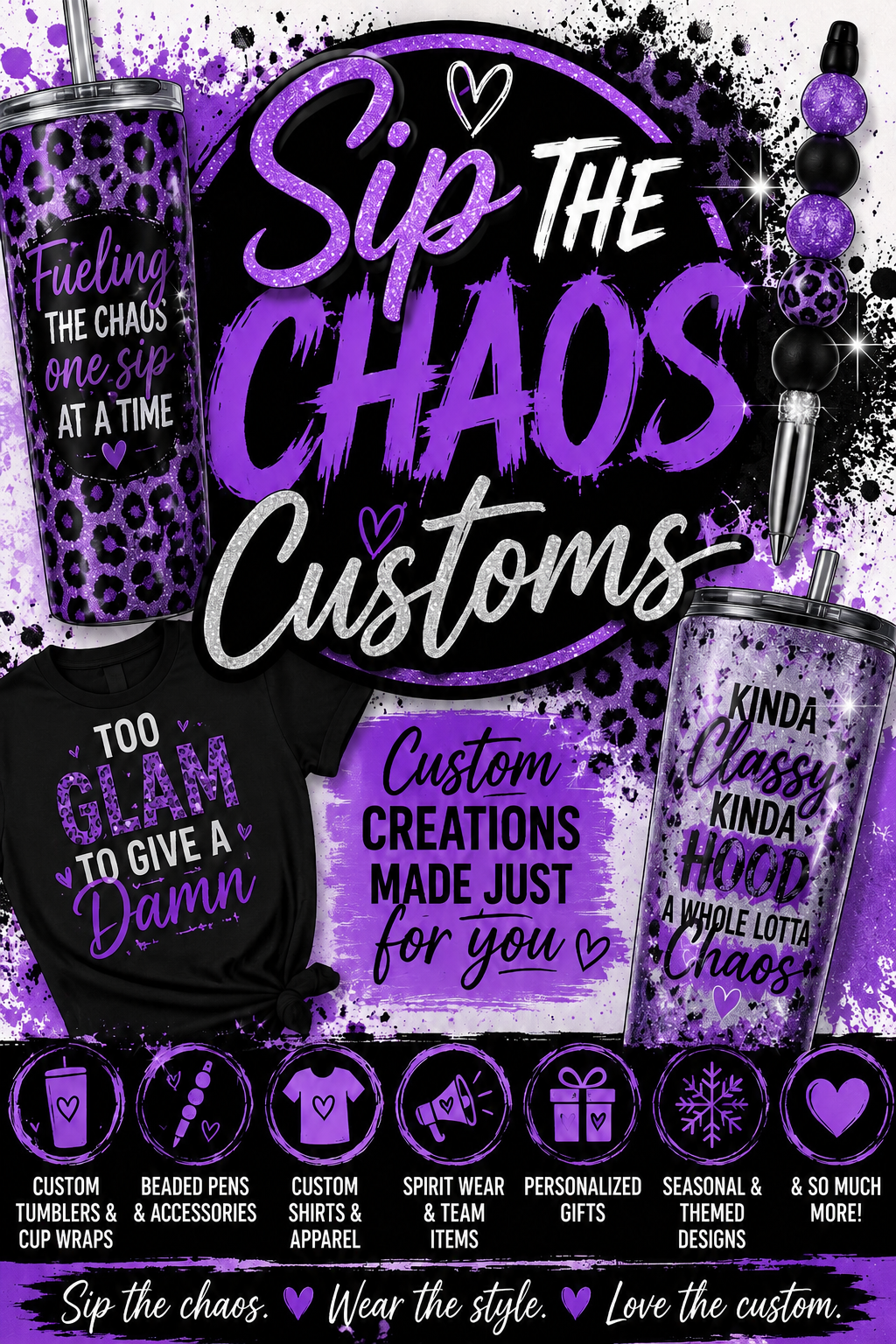 Advertisement for custom chaos-themed accessories and apparel featuring purple and black designs with coffee tumblers, T-shirts, beaded pens, and a necklace, with slogan 'Sip the chaos'