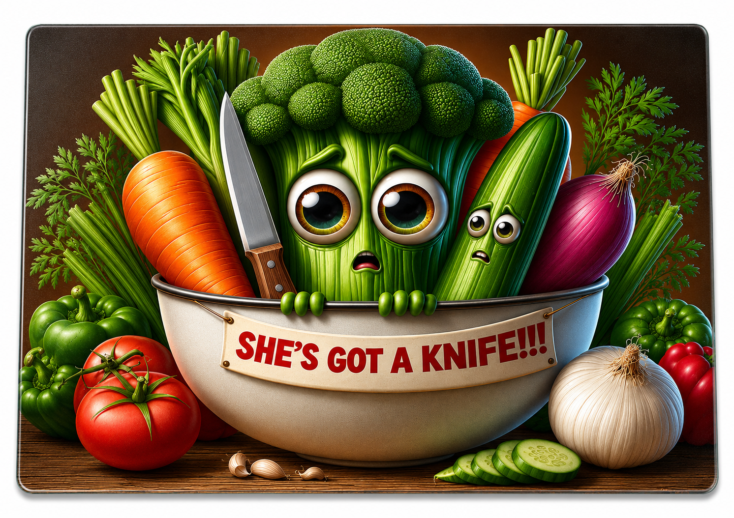 She's Got a Knife! cutting Board