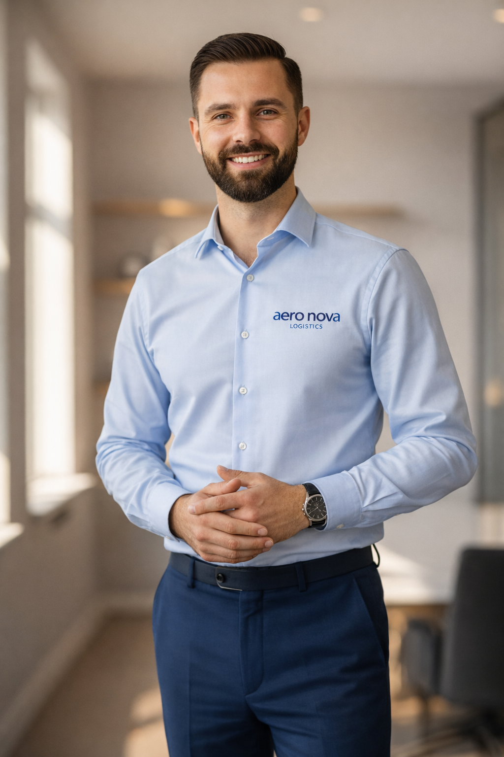 Asesor logistico sonriendo, vestido con camisa azul con logo de Aero Nova Logistics 