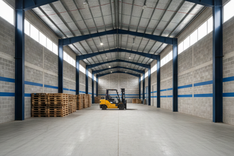 Interior de un almacén/bodega de carga con una carretilla elevadora amarilla y palets de madera apilados, ubicación Cd Hidalgo, México.