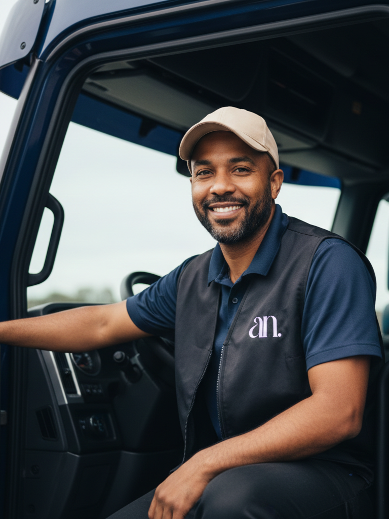 Operador de transporte terrestre sonriendo sentado en la cabina de un camión, usando gorra y chaleco con logotipo Aero Nova Logistics