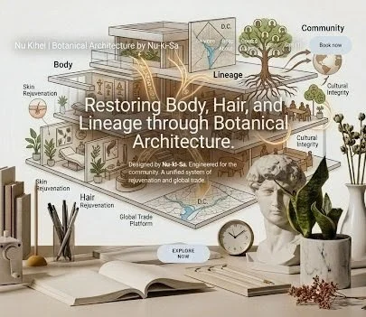 An infographic about restoring body, hair, and lineage through botanical architecture, featuring illustrations of plants, trees, and architecture, with text highlighting skin rejuvenation, hair renewal, cultural integrity, and global trade platforms.