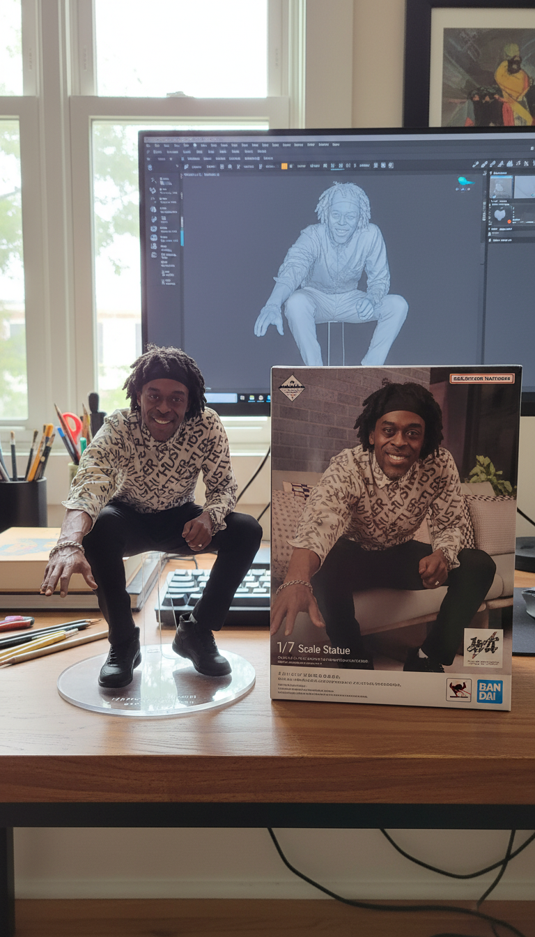 A tabletop display of a detailed 1/7 scale statue of a man with dreadlocks, sitting and smiling, with the statue's packaging beside it, and a computer monitor in the background showing the digital design of the statue.