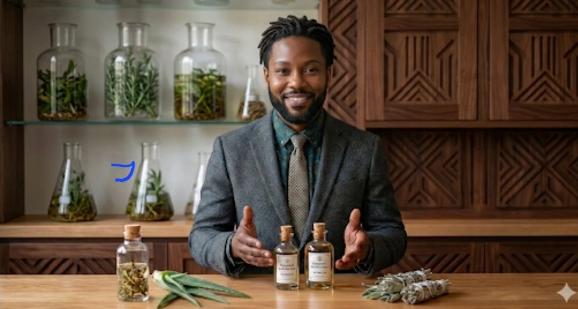 A smiling man in a suit presenting bottles of essential oils at a wooden table with herbs and plants in a lab setting.