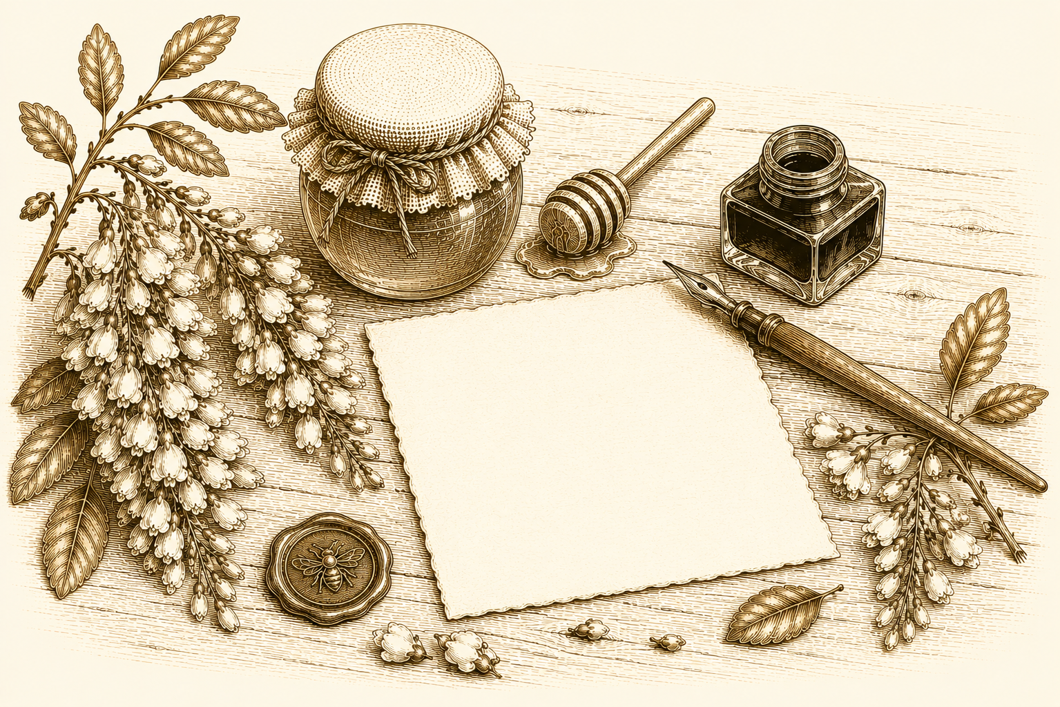 Vintage-style illustration of a wooden desk with a blank piece of paper, a fountain pen, a jar of ink, a honey dipper, a jar of honey with a cloth cover, a golden wax seal with a bee design, and sprigs of lily of the valley flowers.