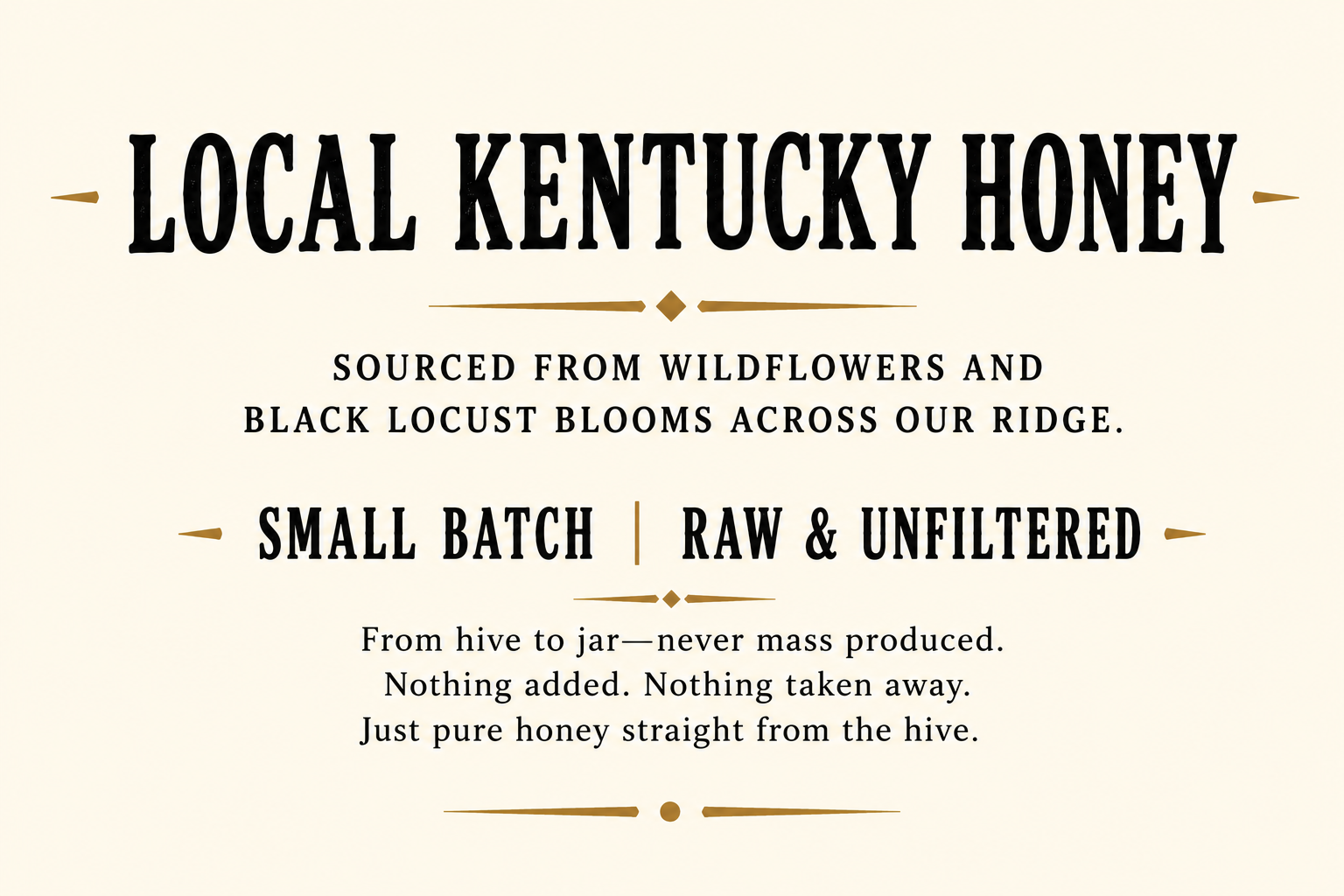 Sign for local Kentucky honey, sourced from wildflowers and black locust blooms, in small batches, raw and unfiltered, from hive to jar, straight from the hive.