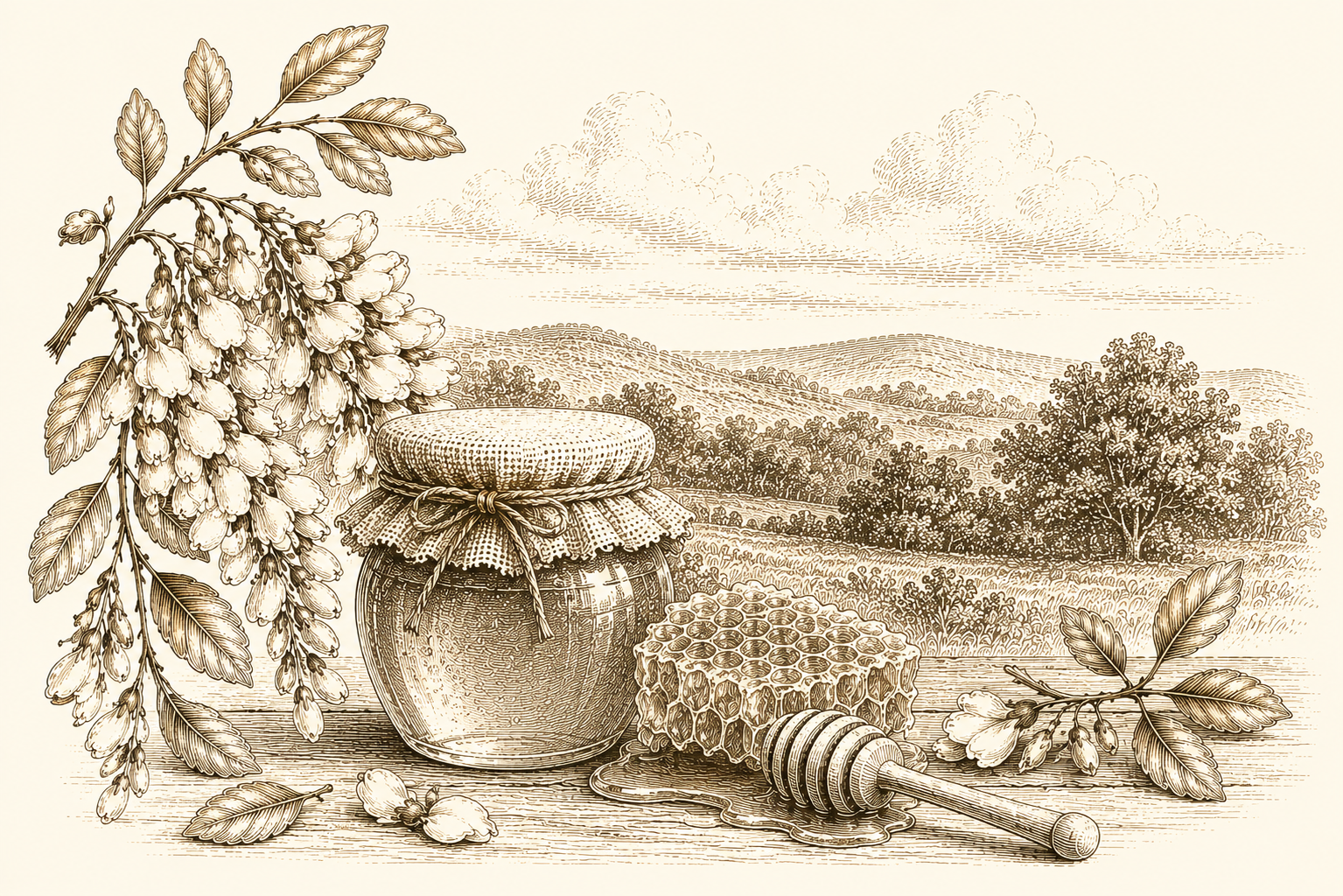 A detailed sepia-toned illustration of a jar of honey with a cloth cover and tied ribbon, honeycomb, beeswax dipper, and floral branches with blossoms, set against a background of rolling hills and trees.