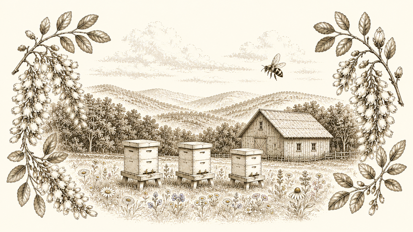Sepia-toned illustration of a rural landscape with a wooden barn, three beehives, wildflowers, trees, rolling hills, clouds, and a bee flying in the sky, framed by leafy branches.