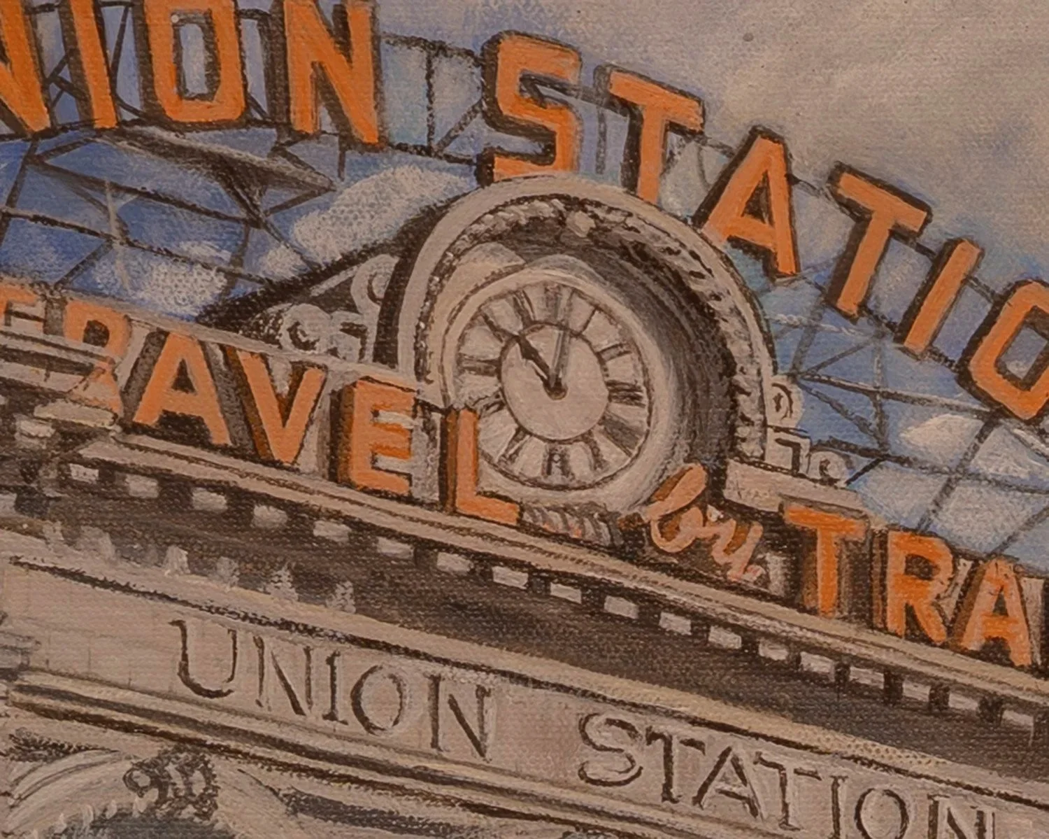 closeup of Denver's Union Station sign in an acrylic painting
