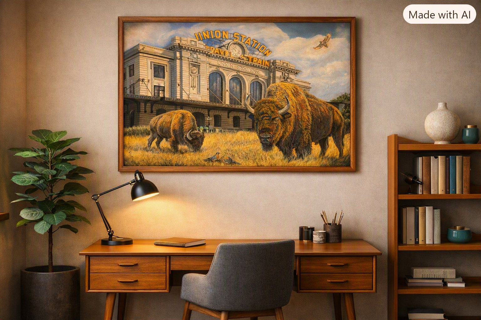 mid modern study with acrylic painting of bison over the desk