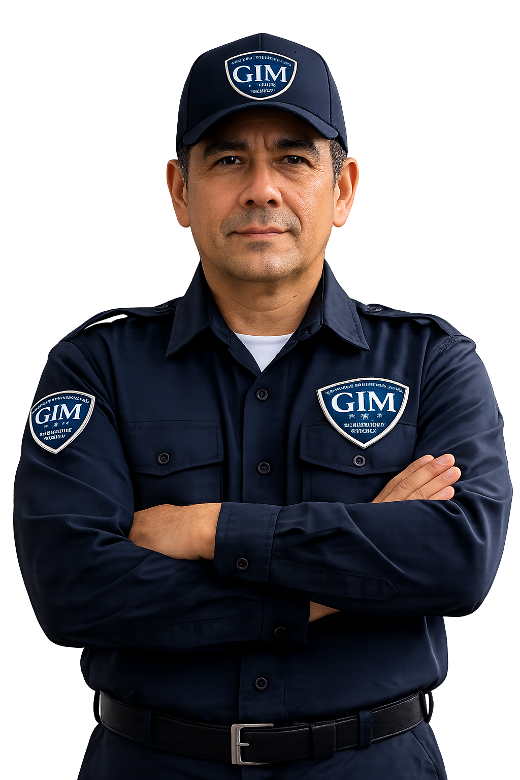 Un oficial de policía con uniforme de color azul oscuro y gorra, con las insignias de GIM en el pecho y la manga, se encuentra con los brazos cruzados frente a un fondo oscuro con luces de colores.