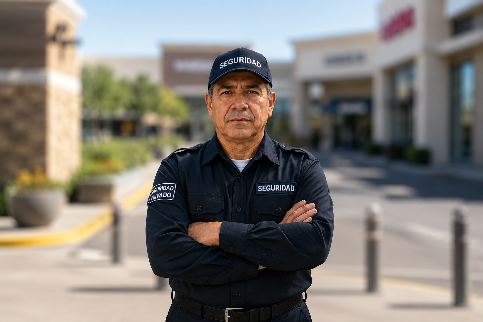Un guardia de seguridad con uniforme negro y gorra que dice 'Seguridad' y 'Seguridad Privado', de pie en una calle con edificios comerciales y arbustos en el fondo.
