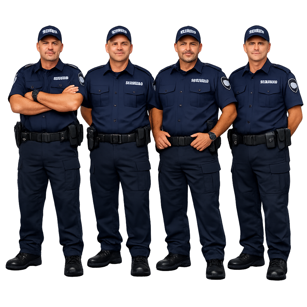 Cuatro oficiales de policía de pie con uniformes azules y gorras, con sus brazos cruzados y las manos sobre las cinturillas, posando para la foto.