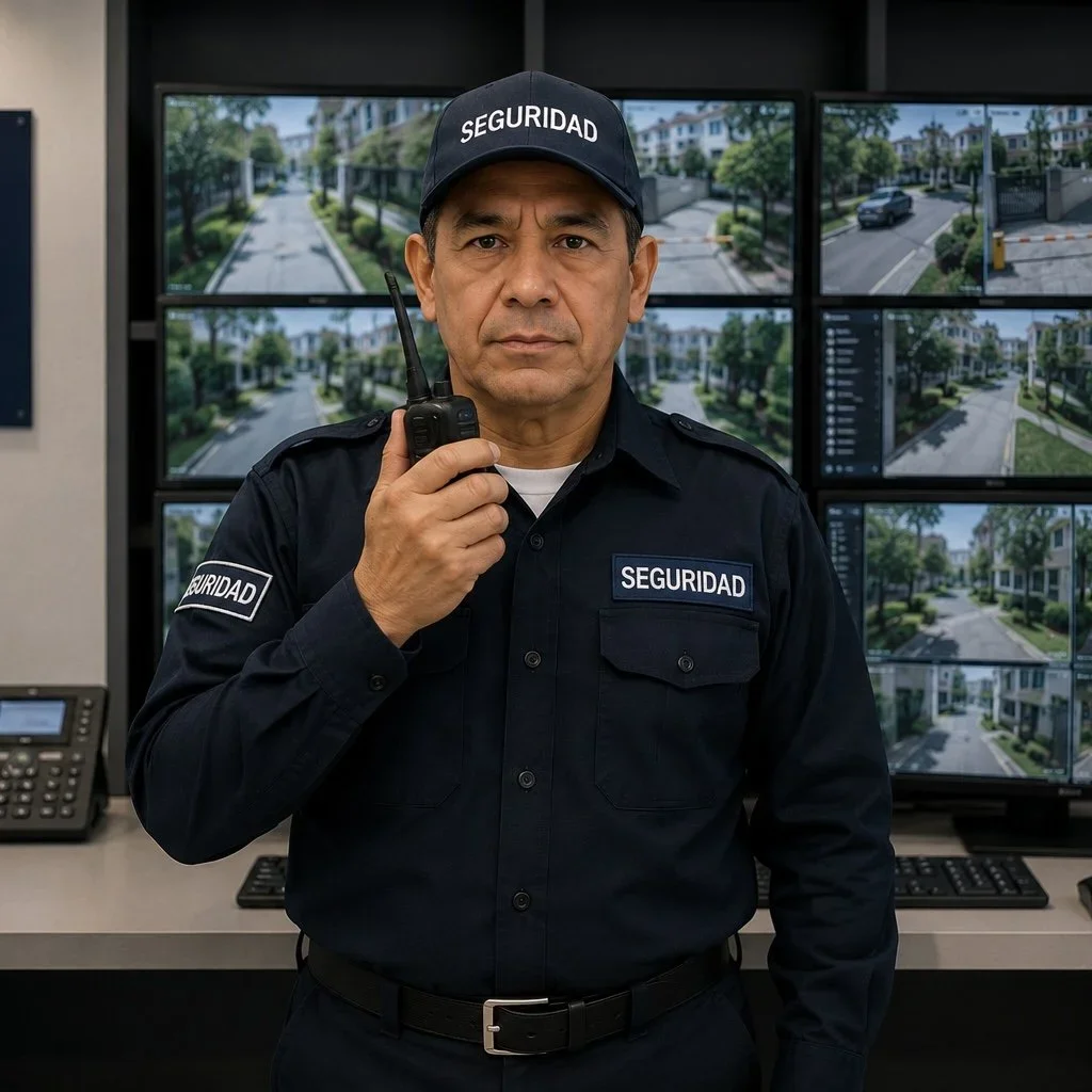 Un oficial de seguridad con uniforme y sombrero que dice 'Seguridad', sosteniendo un radio, frente a varias pantallas de vigilancia con imágenes de una calle residencial.