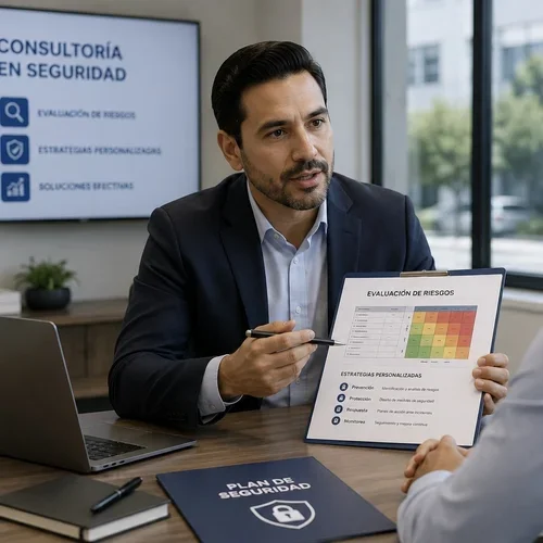 Hombre en una reunión empresarial mostrando un gráfico de evaluación de riesgos en una tableta, con una pantalla de fondo que tiene texto sobre consultoría en seguridad.