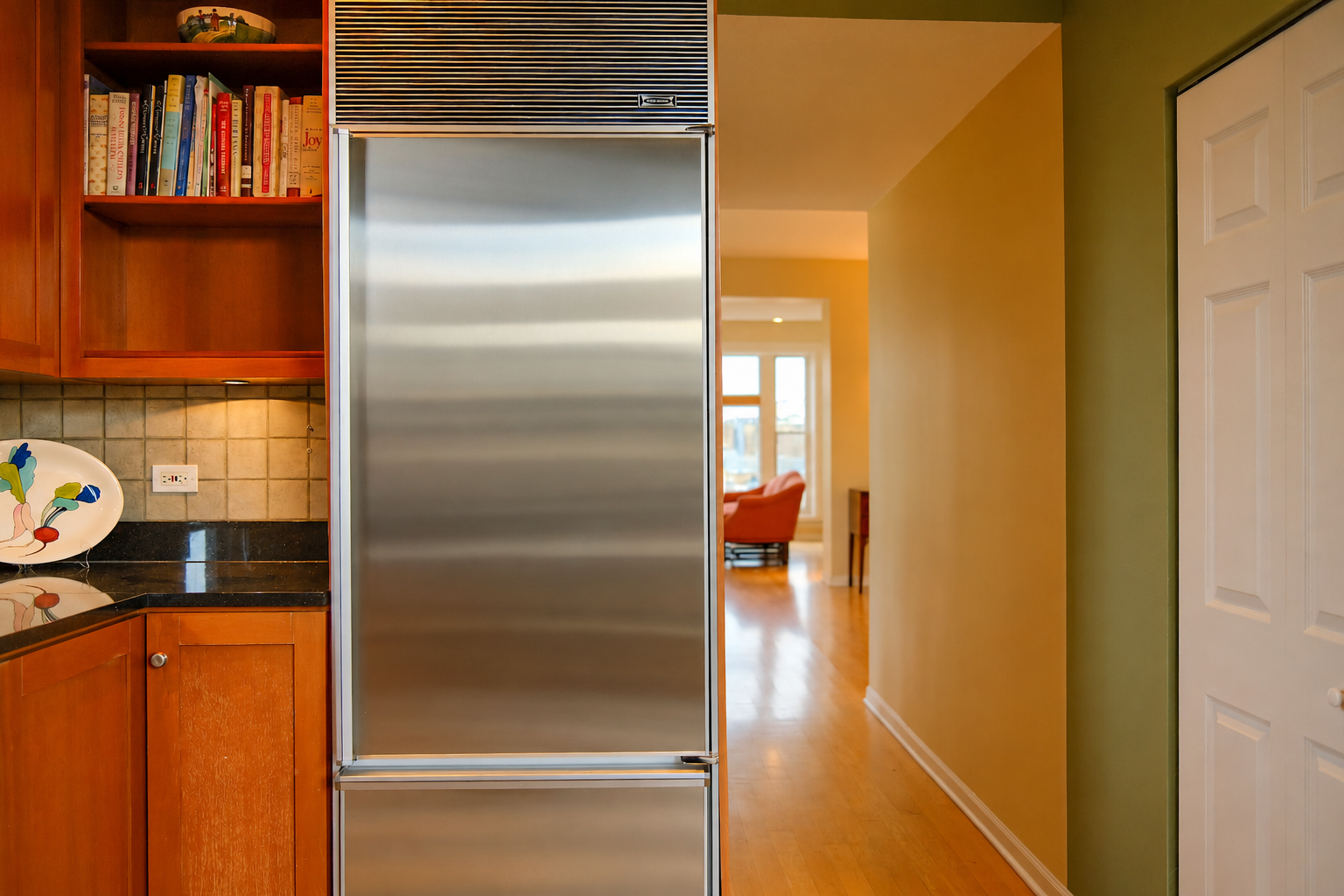 Clean Stainless Refrigerator in Warm Kitchen.png