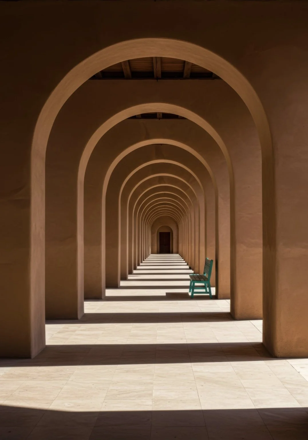 A corridor with a series of arches, with a green chair located along the right wall. The corridor is illuminated by natural light, casting striped shadows on the floor.