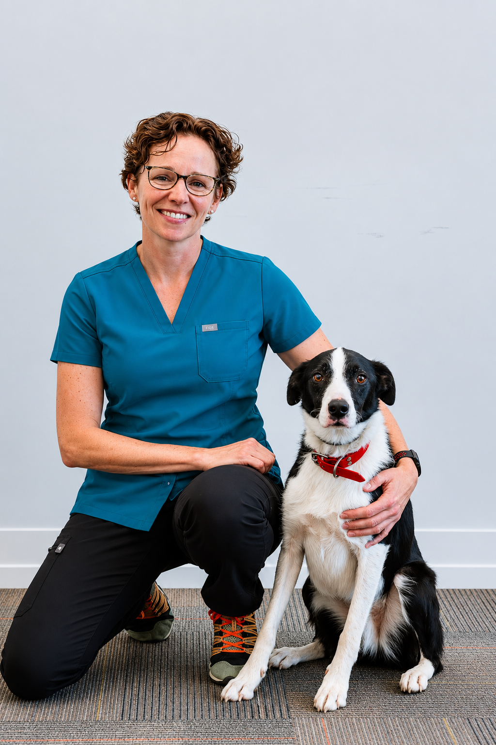 A smiling woman in blue scrubs kneeling beside a black and white dog with a red collar in front of a plain light background.
