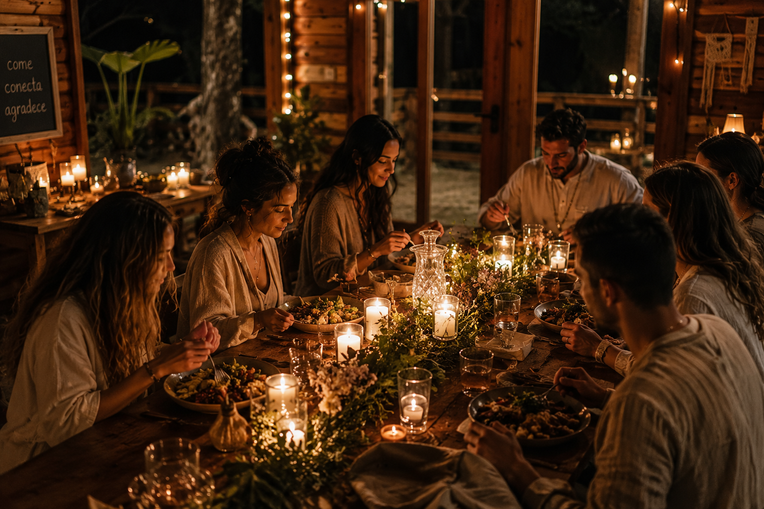 Grupo de personas cenando en una mesa decorada con velas y flores, en un entorno rústico y cálido, en la noche.