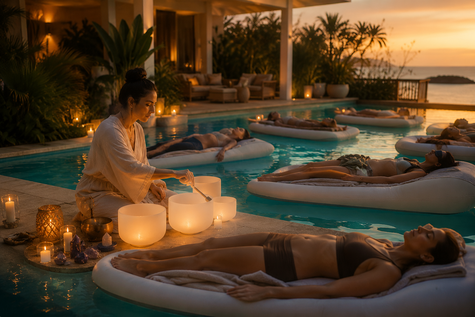 Grupo de personas recibiendo una sesión de relajación en un spa con piscina, en un ambiente al atardecer con vistas al mar, con velas y música suave.