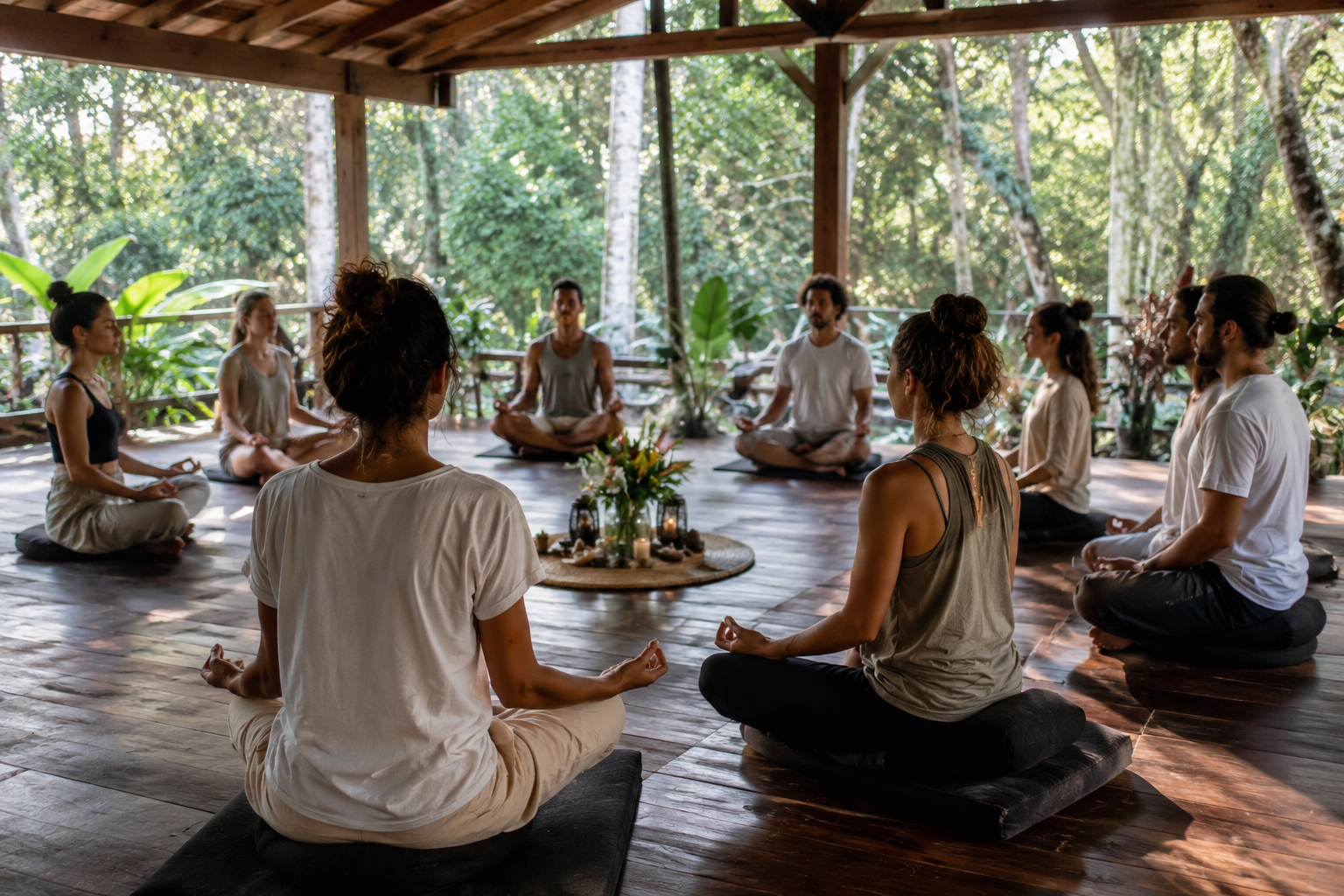 Grupo de personas practicando yoga en un espacio abierto rodeado de naturaleza