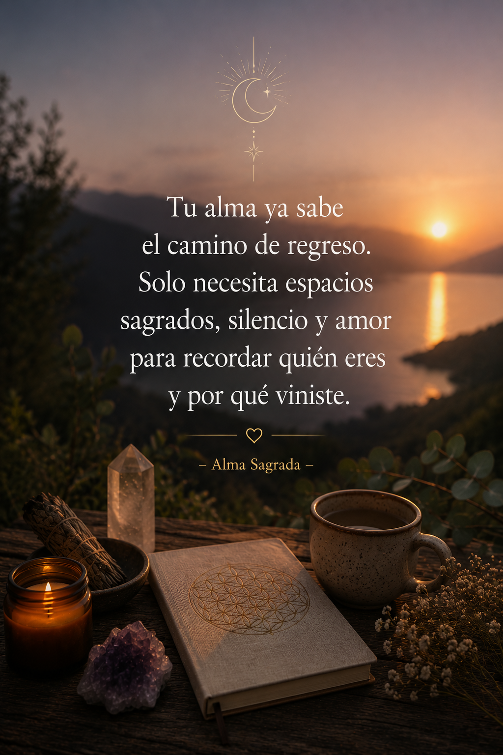 Un paisaje de atardecer sobre un lago con montañas en el fondo, acompañadp de velas, una caja de madera con un símbolo dorado, un libro con un diseño en la portada, una taza de café, y cristales y plantas decorativas en primer plano