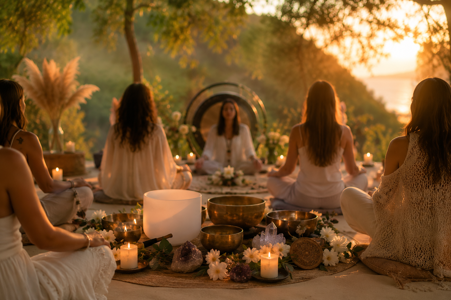 Grupo de mujeres realizando meditación al aire libre en un entorno natural durante el atardecer, rodeadas de velas, flores y cristales, con un fondo de árboles y río.