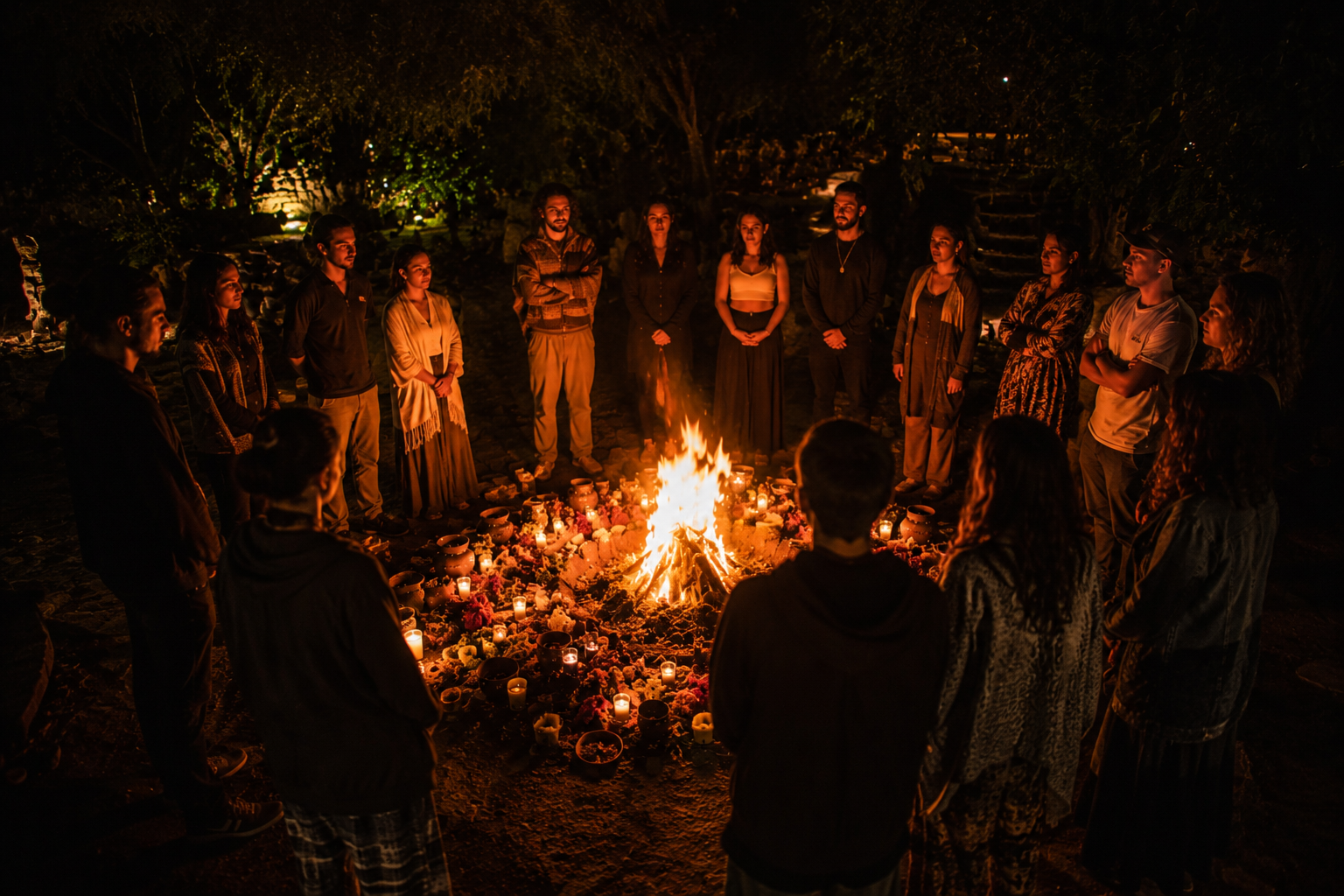 Un grupo de personas reunidas en círculo alrededor de una fogata en la noche, con velas y flores alrededor.