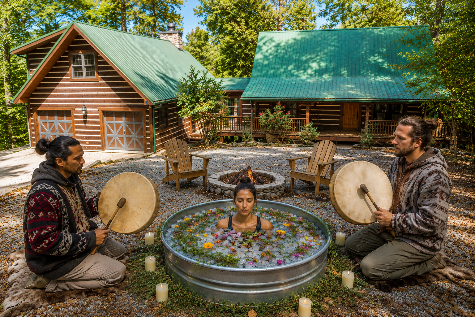 Grupo de cuatro personas en una ceremonia de baños de vapor en un entorno al aire libre, con árboles y cabañas de madera de fondo, una persona en una tina de agua con flores, y dos personas con instrumentos en las manos frente a ella.