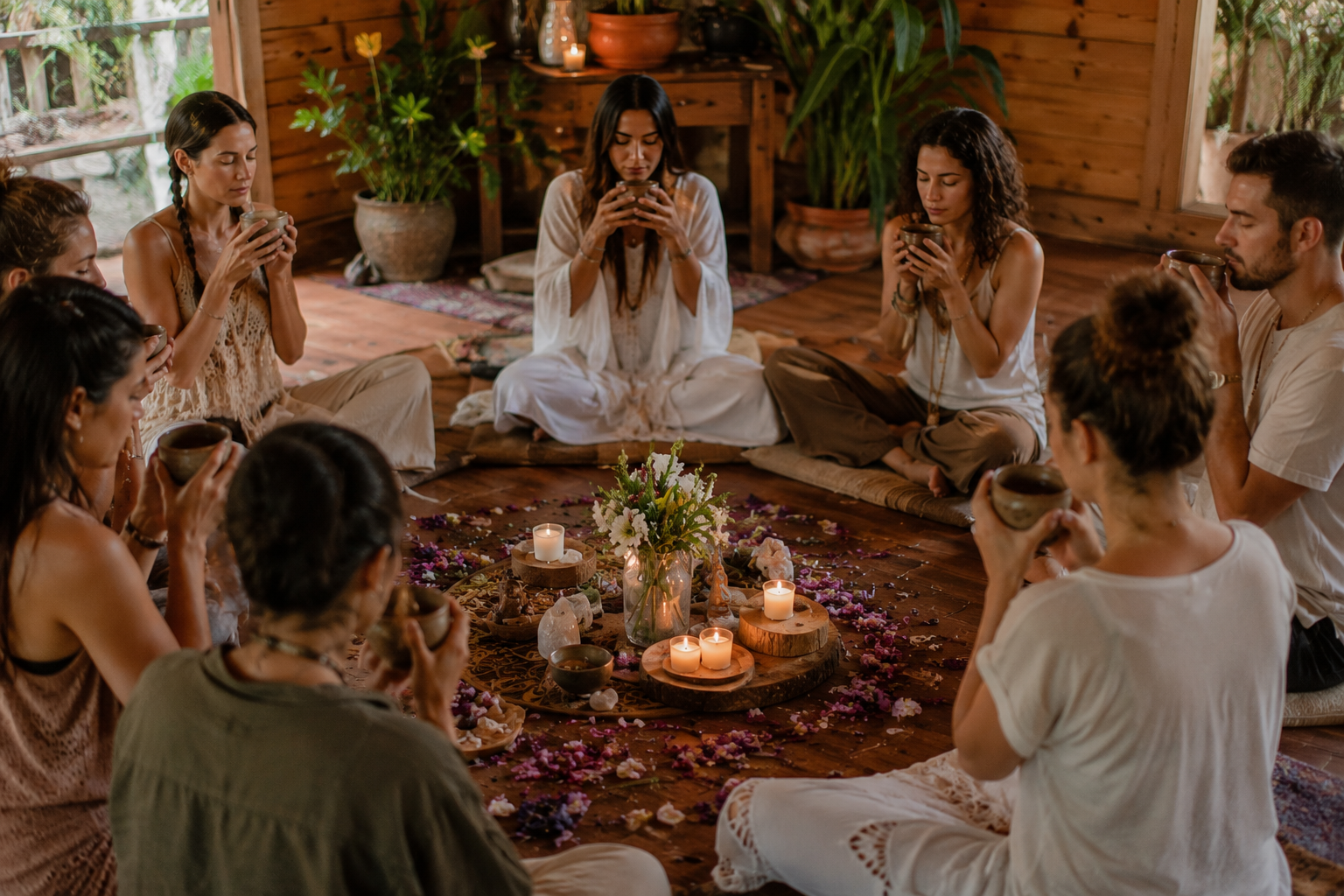 Grupo de personas en un círculo de meditación en una sala de madera, con velas, flores y cristales en el centro.