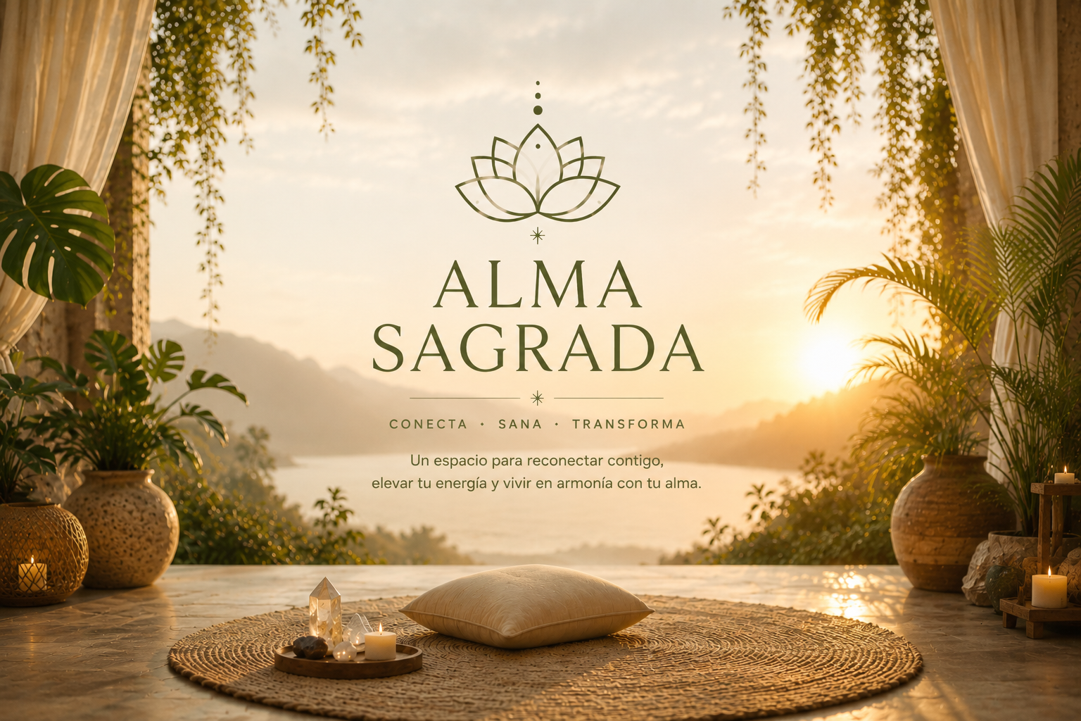 Atardecer visto desde un espacio de meditación con plantas, velas y cojín, con el texto "Alma Sagrada" y una descripción de conexión y transformación espiritual
