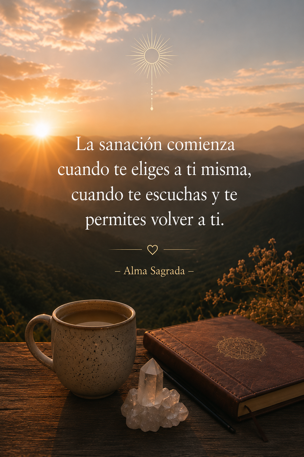 Un paisaje de montañas durante el amanecer con un cielo despejado y el sol saliendo en el horizonte. En primer plano, una taza de café, un cuaderno con diseño y una cristal de cuarzo sobre una mesa de madera.