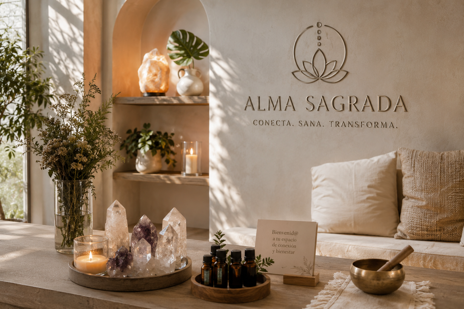 Espacio de bienestar con decoración natural, cristales, velas y plantas, y un muro con el logotipo Alma Sagrada.