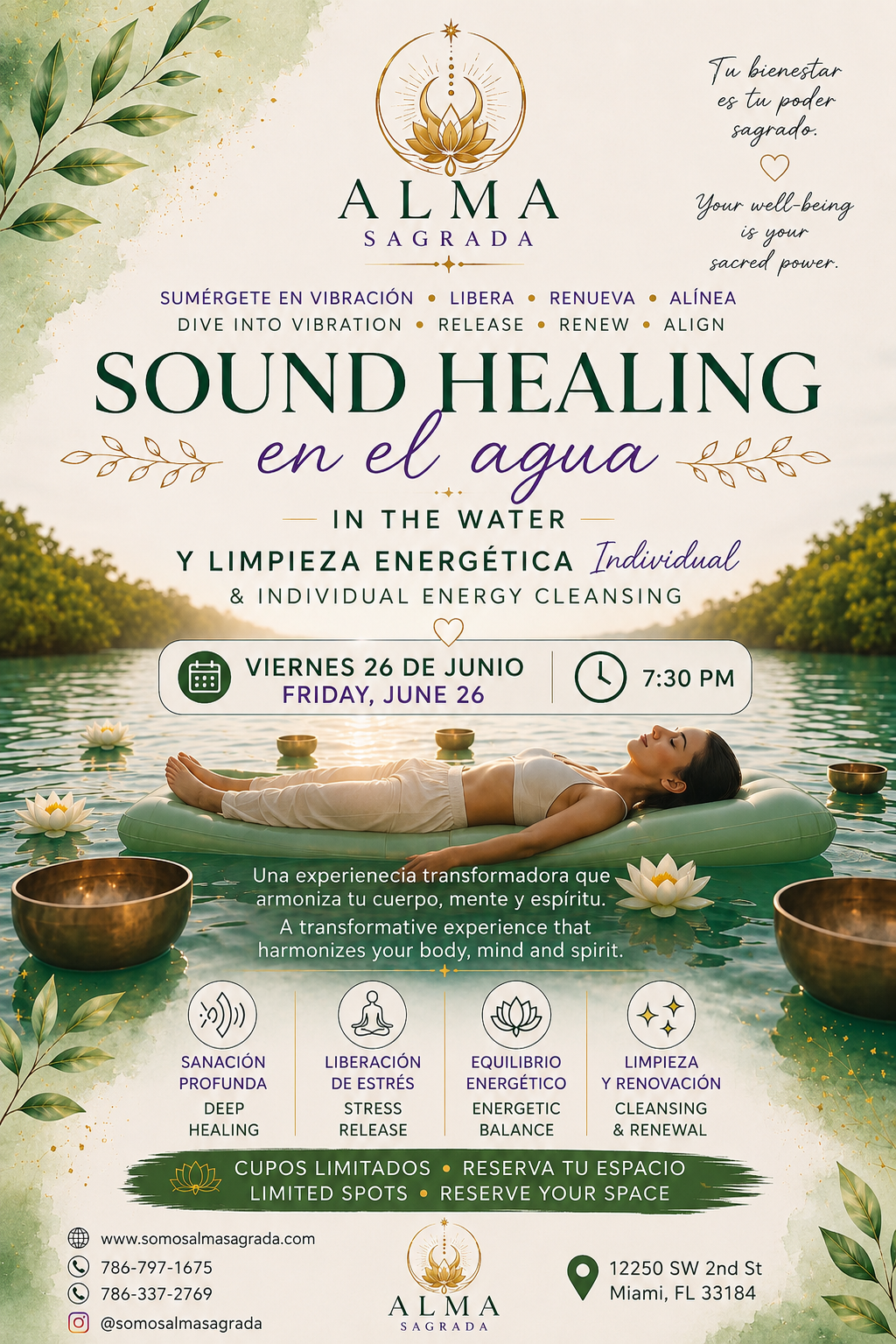Un mujer descansando flotando en un lago con flores de loto y cuencos de meditación, rodeada de naturaleza y un ambiente tranquilo para una sesión de sanación con sonidos en el agua.