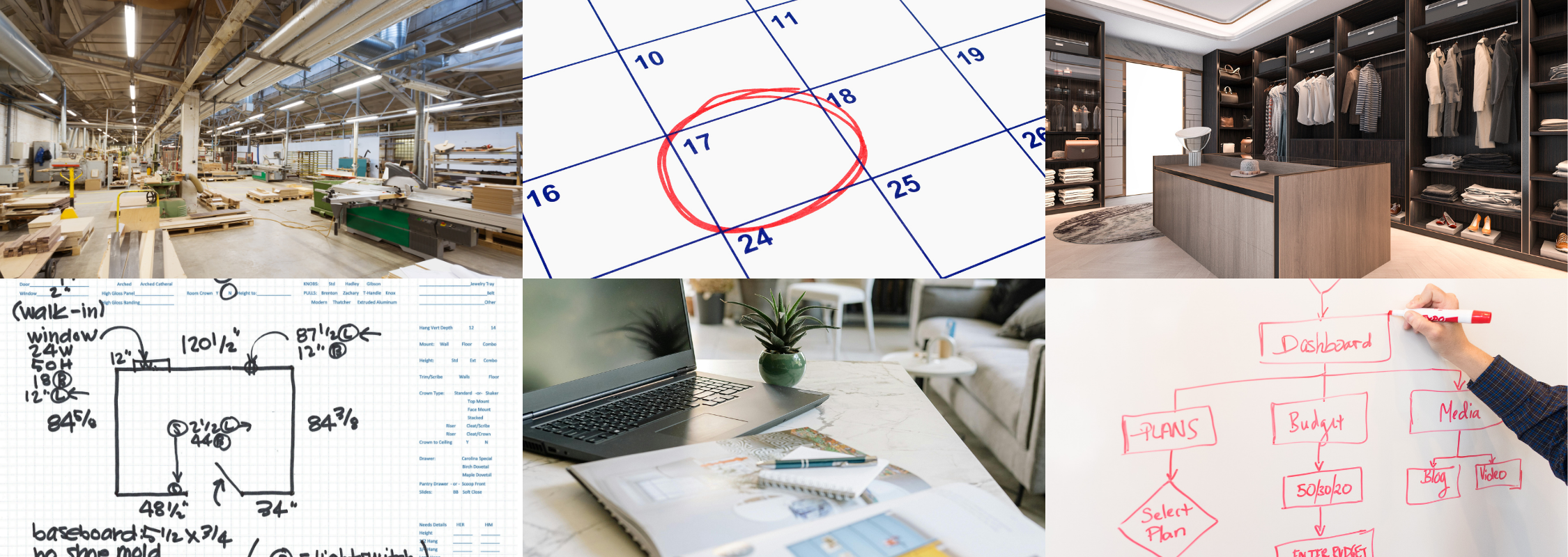 Manufacturing, Scheduling Calendar, Beautifully Designed Custom Closet, Site Survey Designs of Custom Closet Measurements, Closet Consultant Workspace, and Workflow Mapping