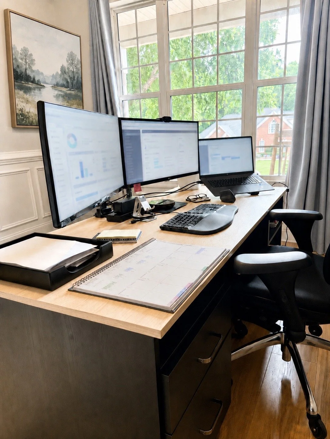 Office desk with three monitors, a laptop, keyboard, mouse, glasses, planner, and office supplies, near a large window showing trees and houses outside.
